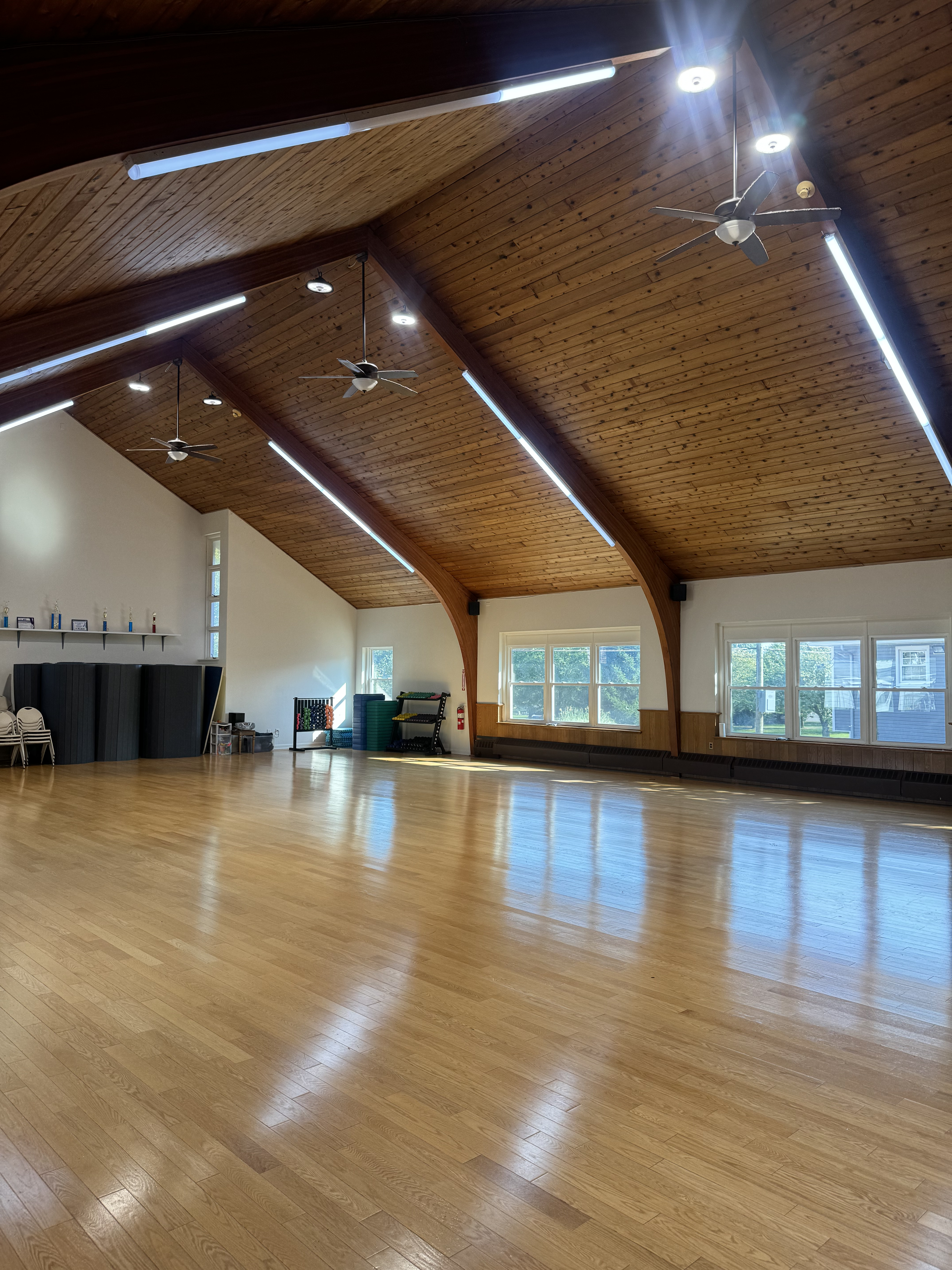 High bay LED retrofit in vaulted ceiling community hall